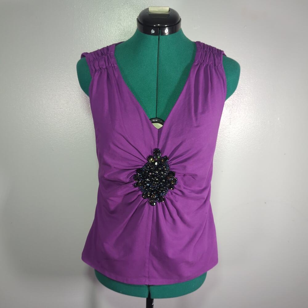 Teeco Vintage Y2K Purple Beaded V-Neck Ruched Sleeveless Blouse Size Large